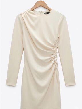 Zara Cream Long-Sleeve Ruched Midi Dress